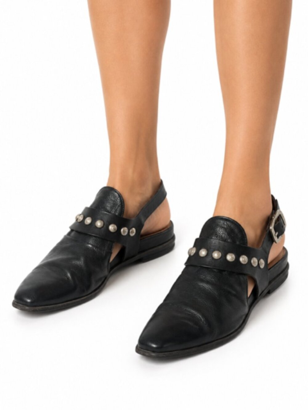 A.S.98 Black Leather Studded Slingback Flats Pointed Toe EU 39 Italy